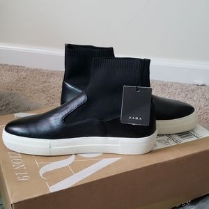 Zara contrast black leather high top sneaker